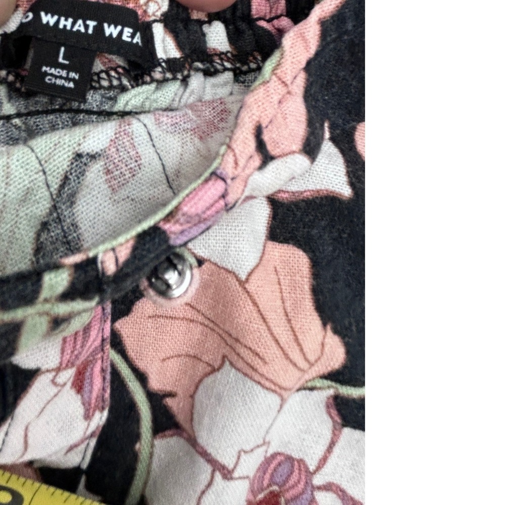 Who What Wear Womens Large Floral Linen Blend Puff Sleeve Smocked Crop Top Black - Picture 5 of 7